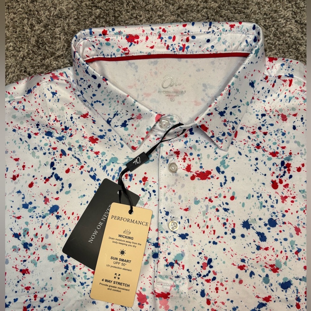 Men's Obla Red White & Blue Splatter NWT Performance Golf Polo